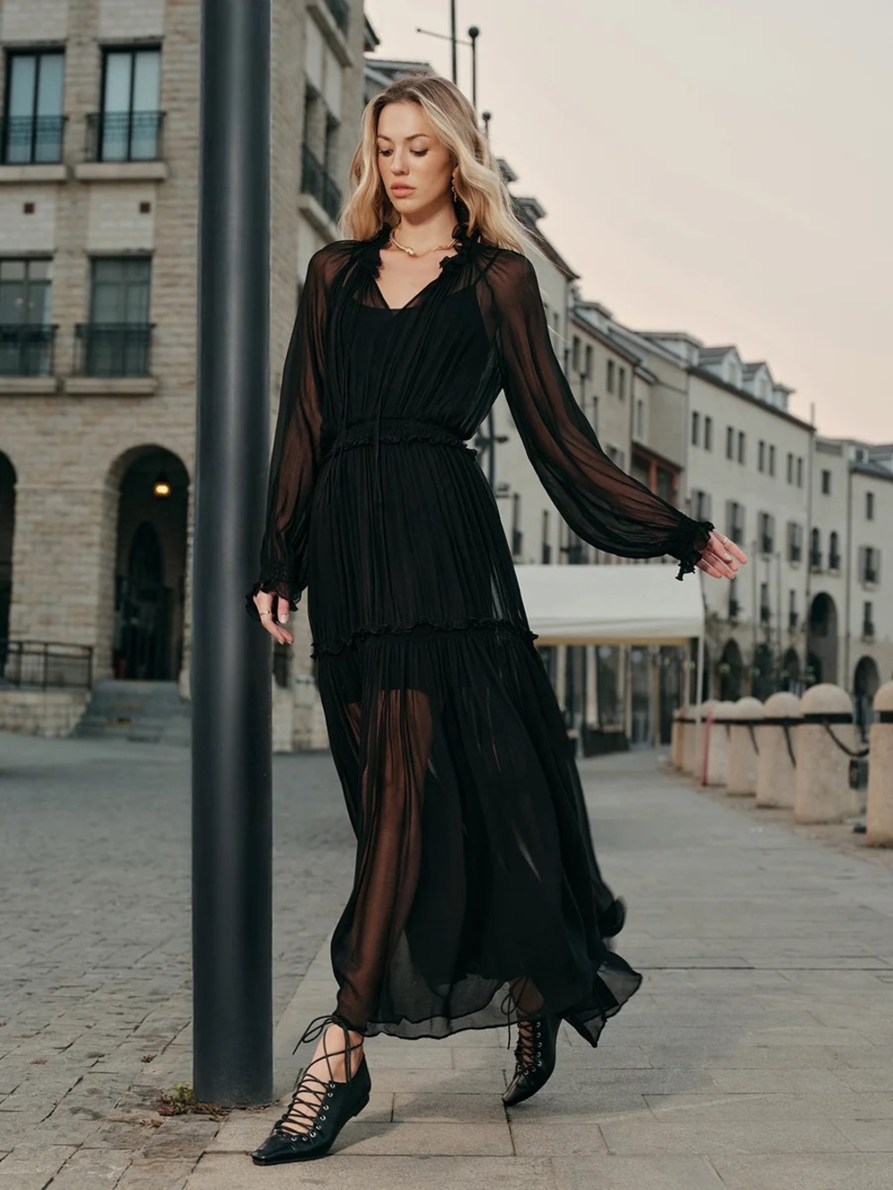 Commense Ruffled Chiffon Semi-Sheer Dress without belt